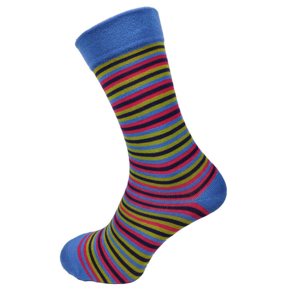 Multi coloured thin stripe bamboo socks with blue heel toe and cuff, size 7-11