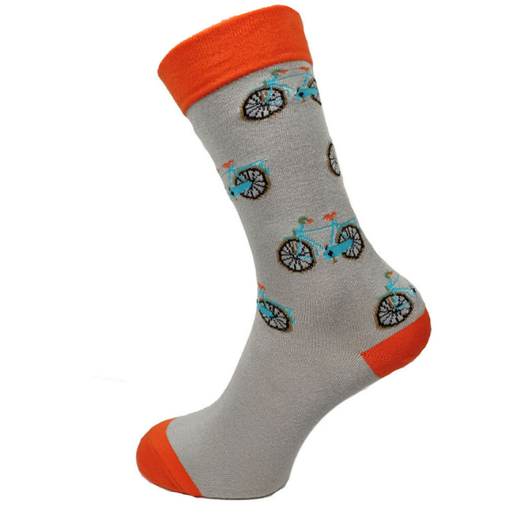 Grey bamboo socks with orange heel toe and cuff with bicycle motif, size 7-11