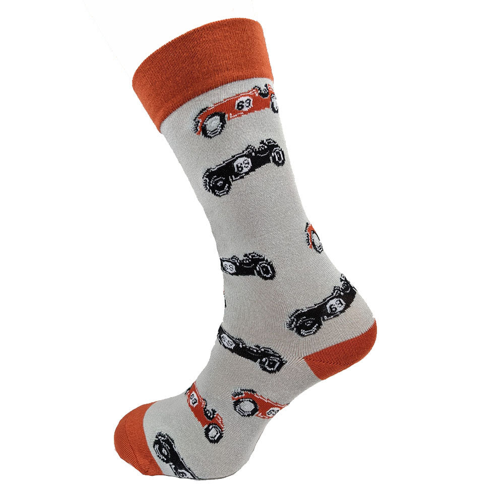 Grey bamboo socks with orange heel toe and cuff and vintage cars, size 7-11