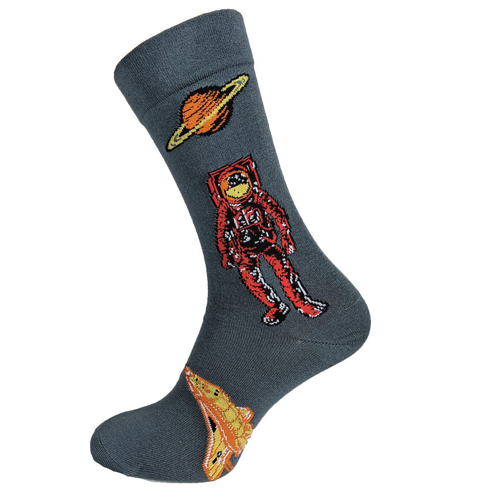 Dark grey bamboo sock with rocket, planet and astronaut pictures, size 7-12 UK