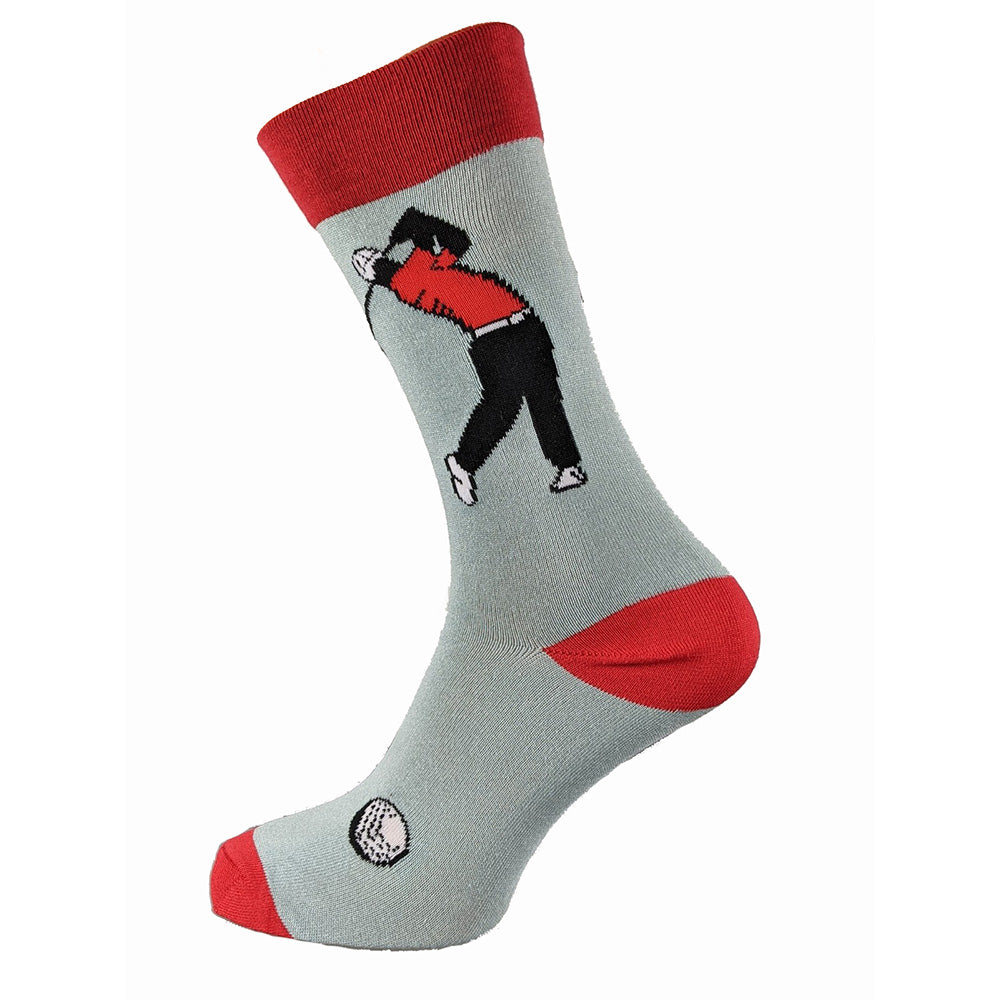 Grey bamboo socks with red heel toe and cuff, Golfer motif, size 7-11