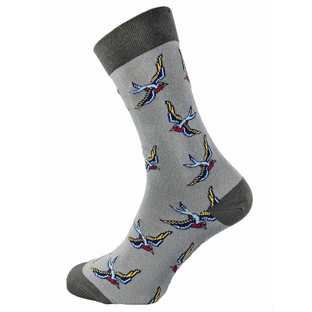 Grey bamboo socks with Swallows, size 7-11
