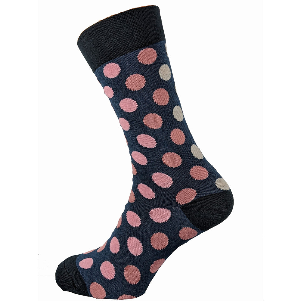 Blue bamboo socks with black heel toe and cuff and pink spots, size 7-11