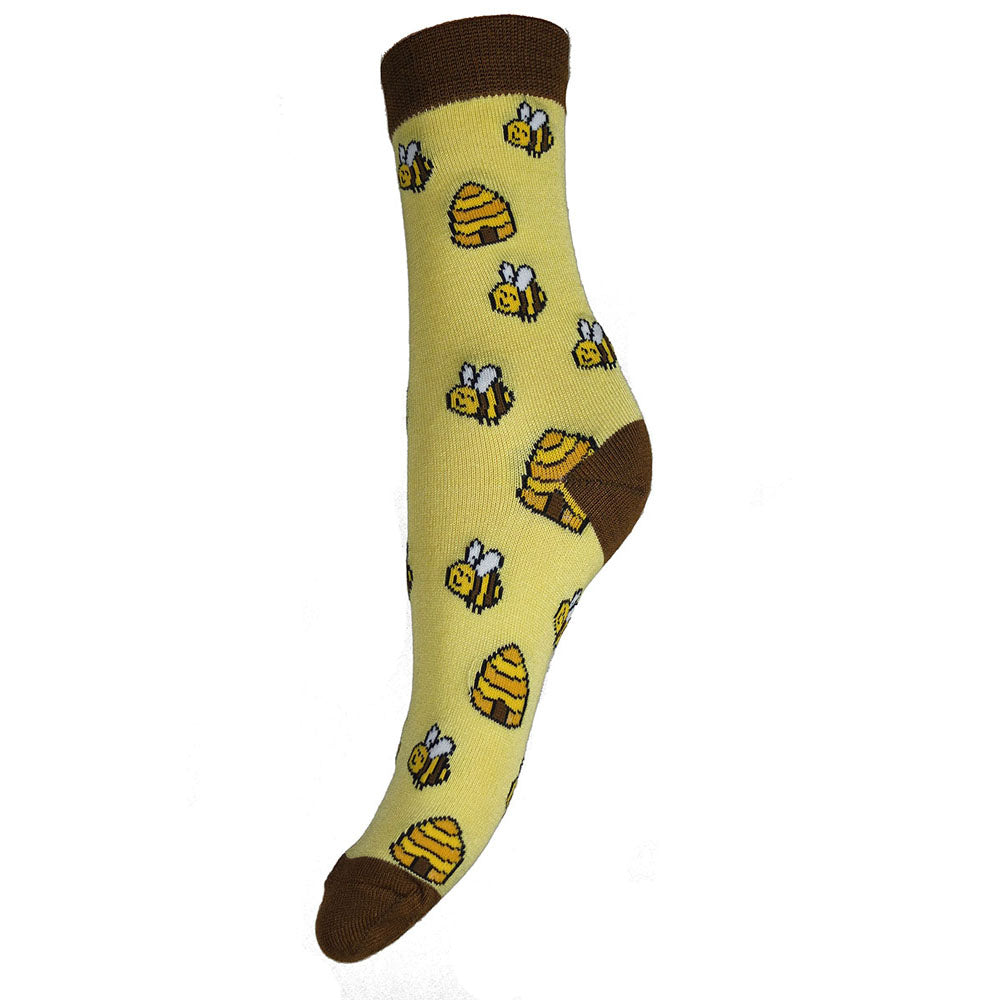 Yellow bamboo socks with brown heel toe and cuff with bees and hive motif, size 4-7
