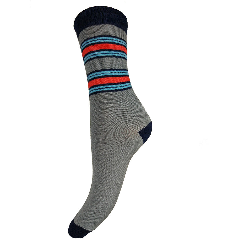 Grey with Red and Blue Stripes Bamboo Socks