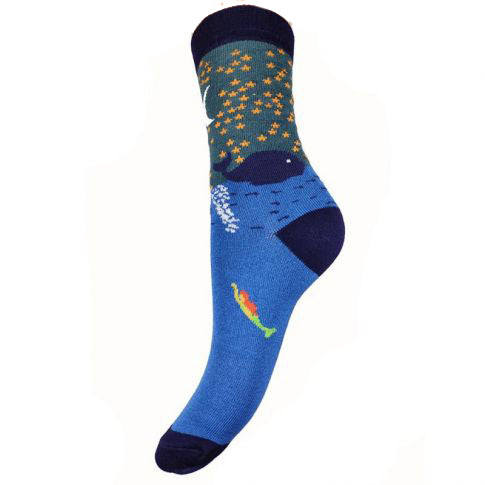 Blue bamboo socks with whale mermaid and stars, size 4-7