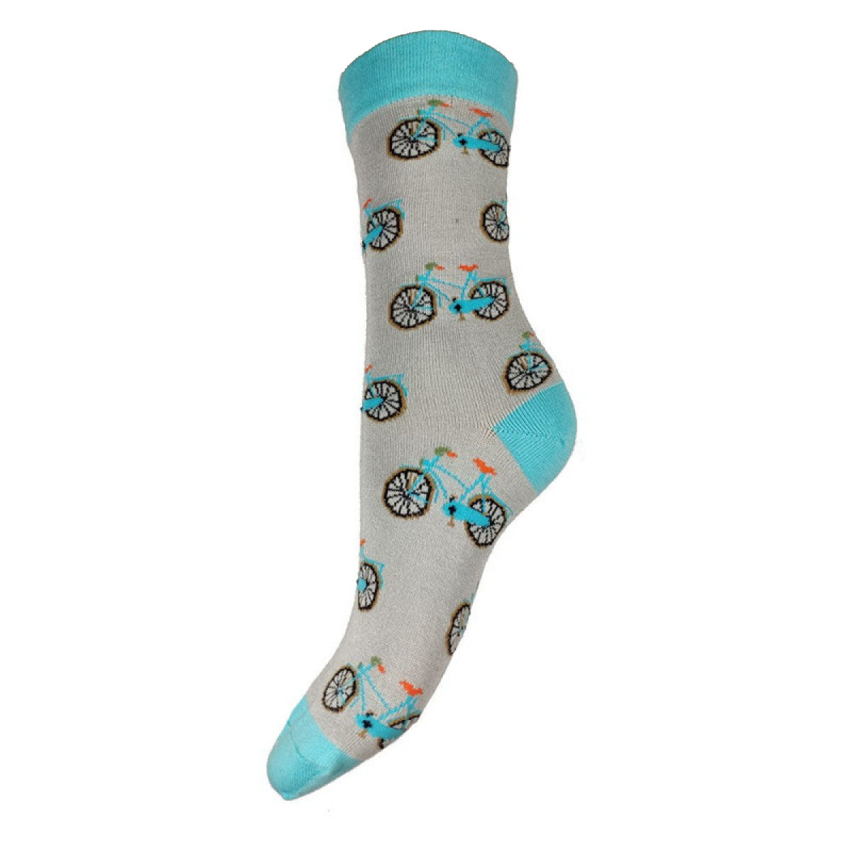 Grey bamboo socks with turquoise blue heel toe and cuff with bicycle motif, size 4-7