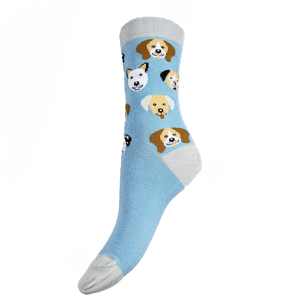 Pale blue bamboo socks with dog faces, grey heel toe and cuff, size 4-7 UK