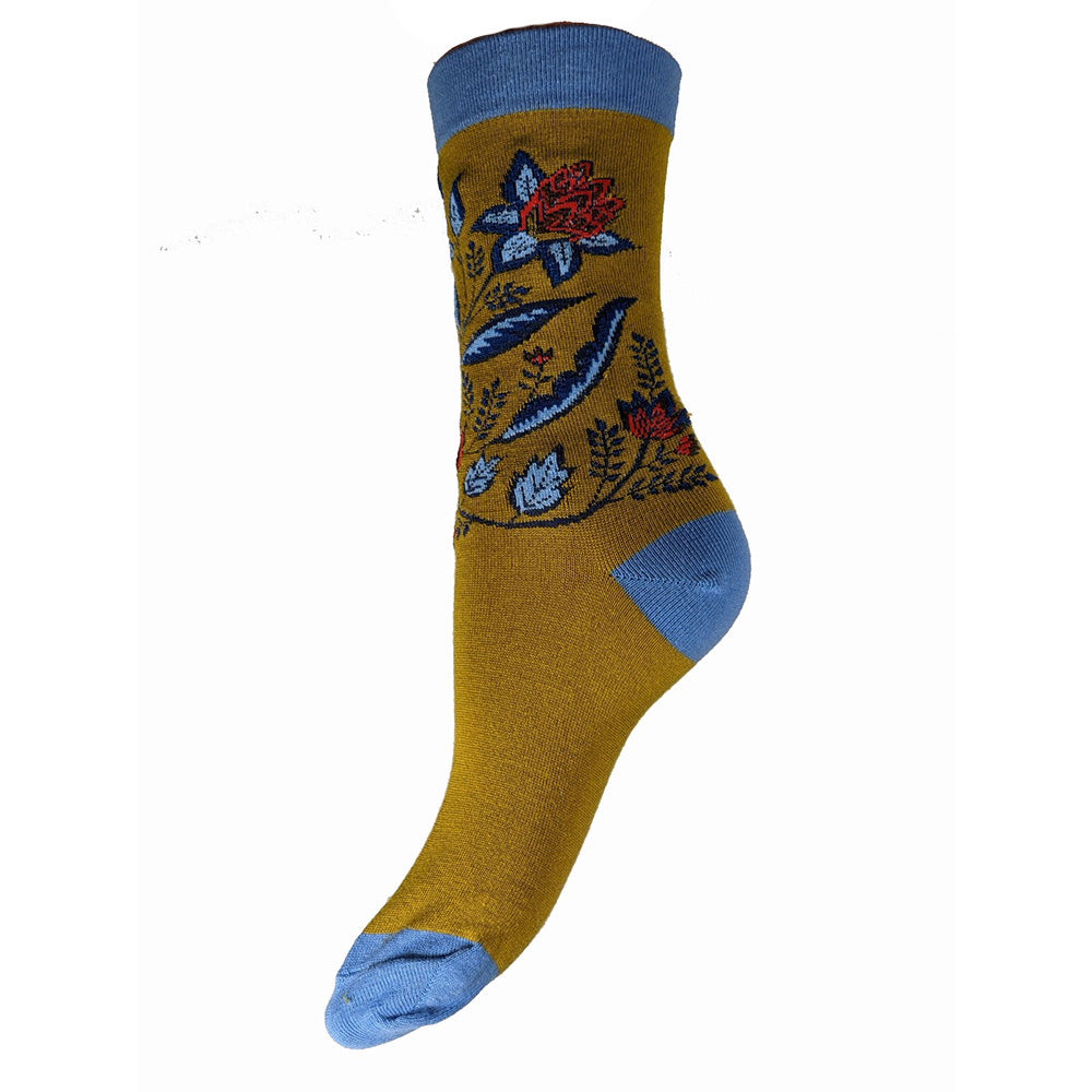 Mustard bamboo socks with blue heel toe and cuff and leaf and flowers motif, size 4-7