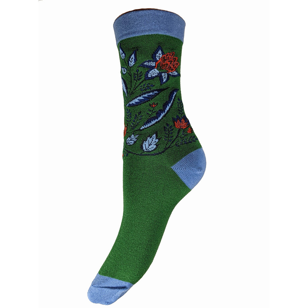 Green bamboo socks with pale blue heel toe and cuff and leaf and flowers motif, size 4-7