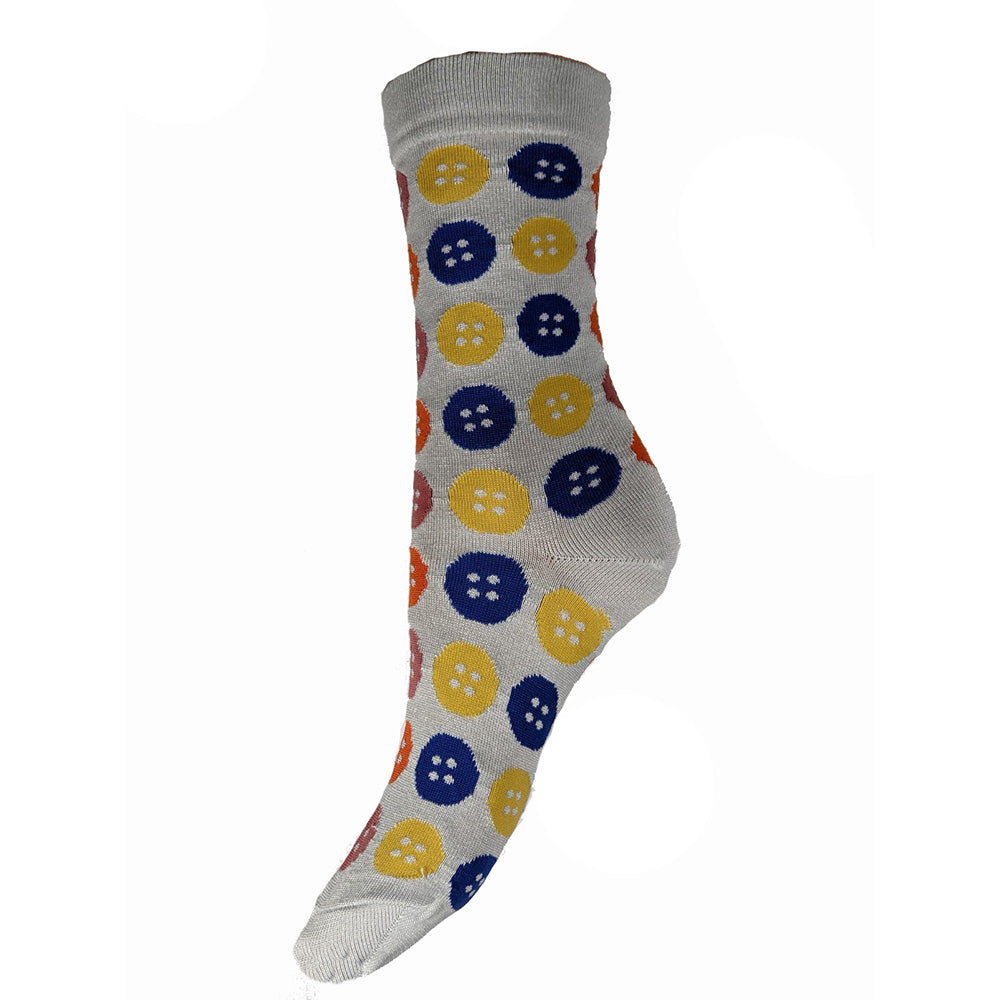 Grey bamboo socks with yellow blue and red button motif, size 4-7