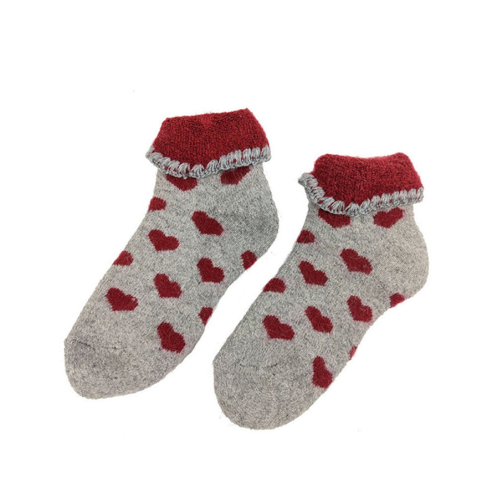 Grey childrens cuff socks with red hearts and cuff, size 10-13