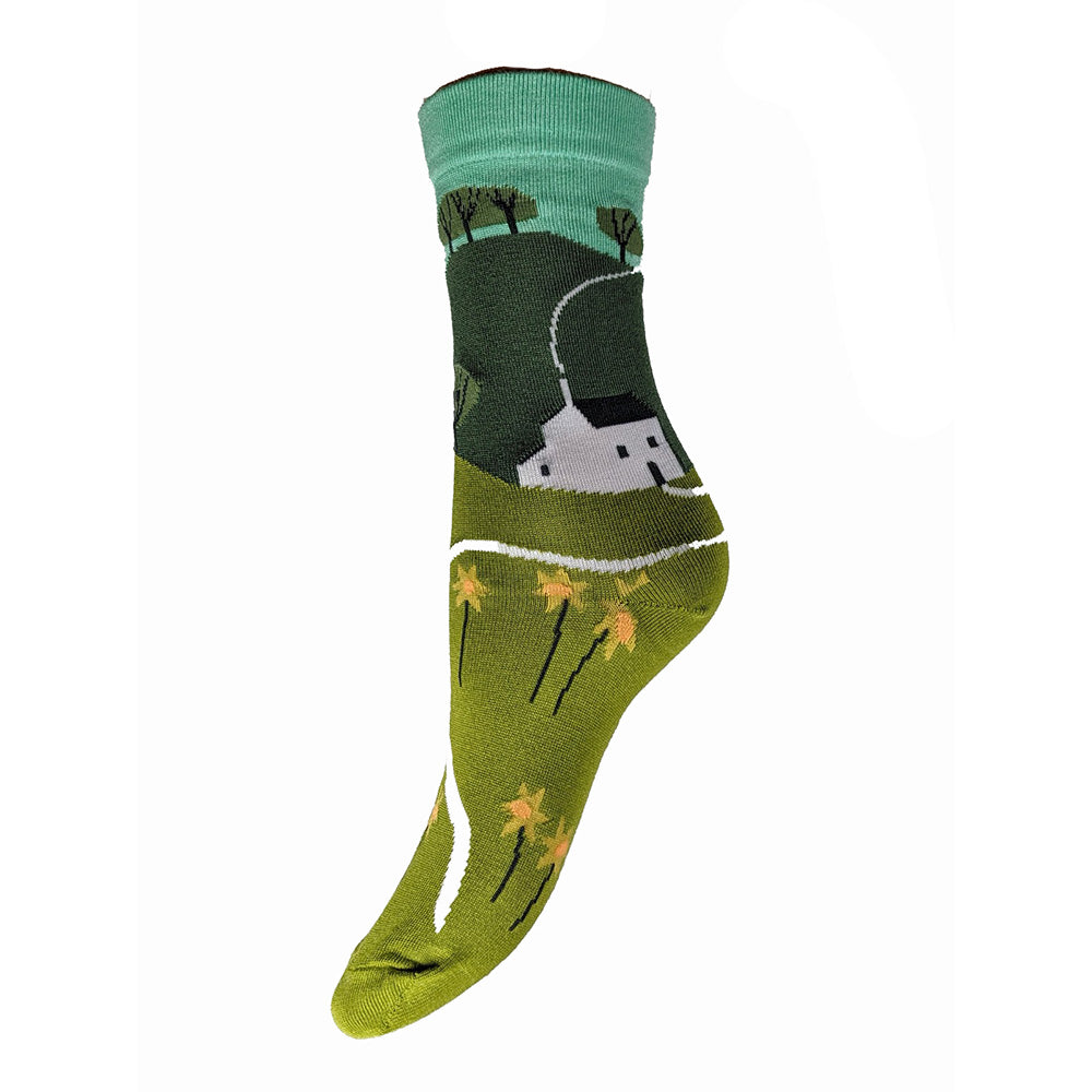 Green and blue bamboo socks with house, trees and flowers picture, size 4-7