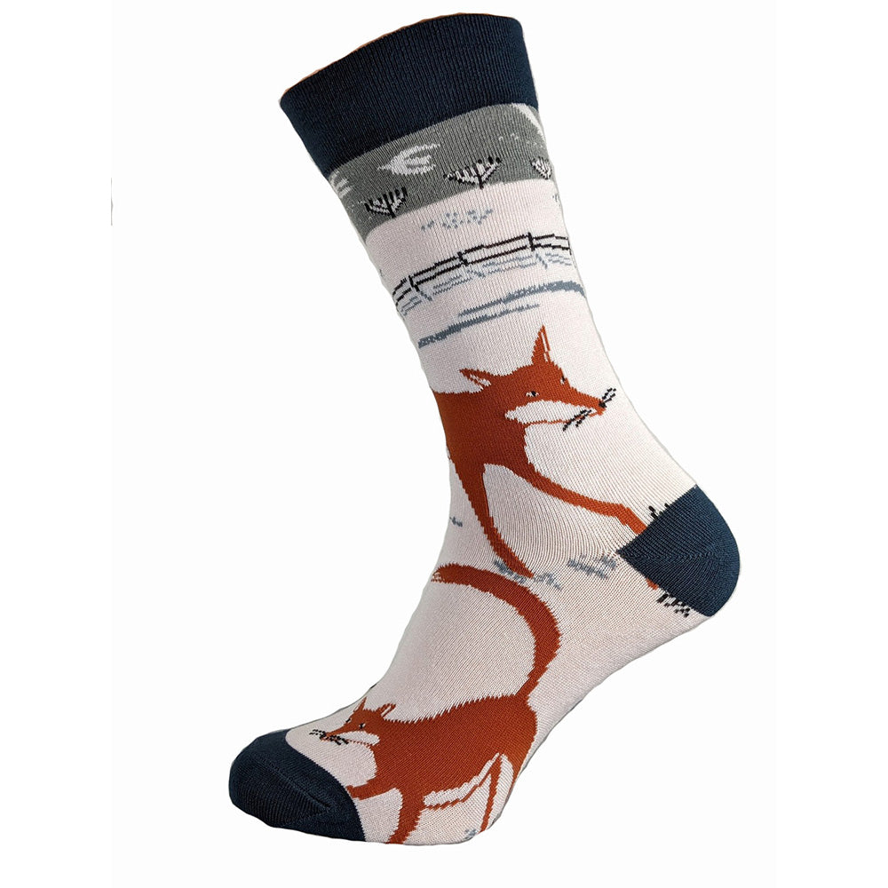 White socks with navy heel toe and cuff and snowy country fox motif, size 7-11