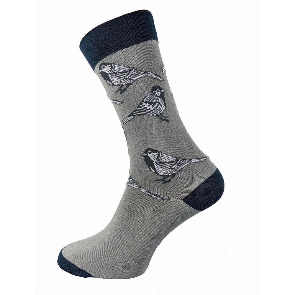 Grey bamboo socks with navy heel toe and cuff, with bird pattern, size 7-11