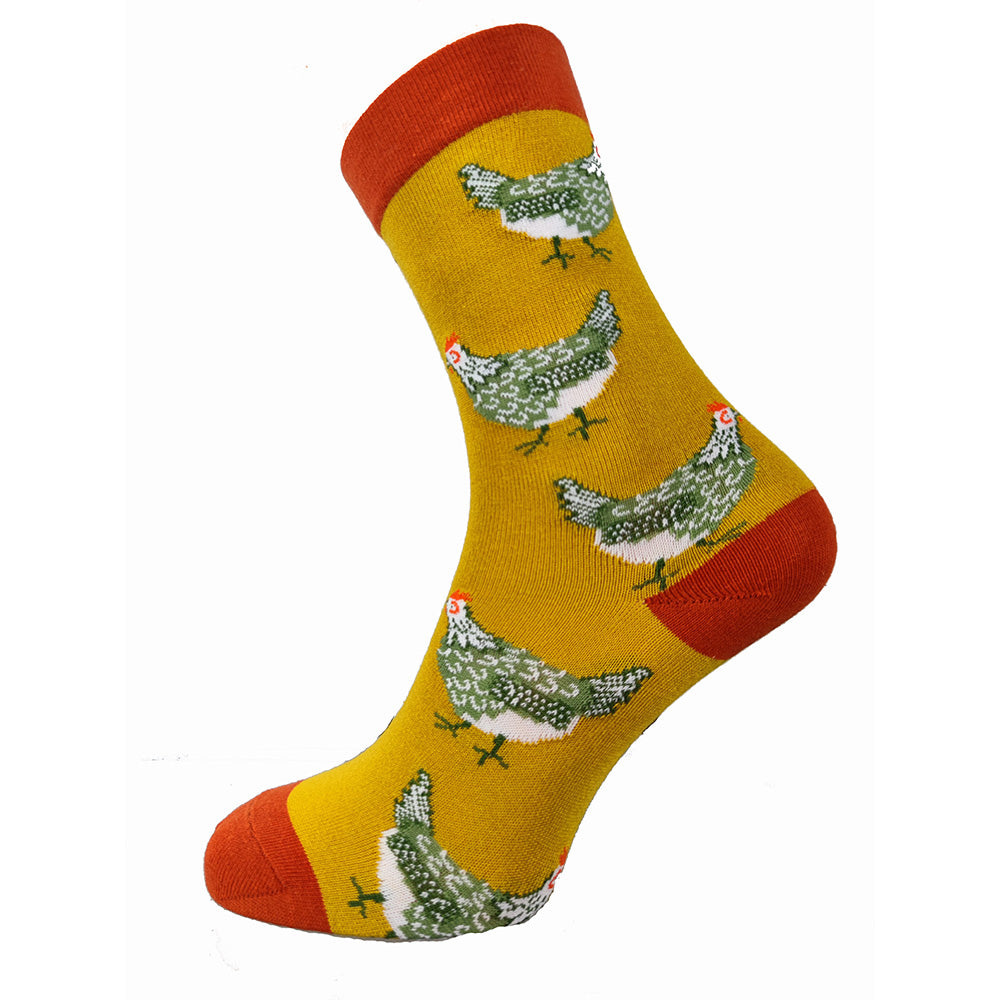 Yellow Bamboo Socks with red heel toe and cuff and chicken motif, Size 7-11 UK