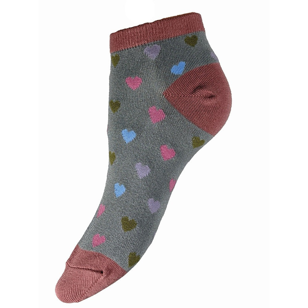 Grey bamboo trainer socks with pink heel toe and cuff and coloured hearts, size 4-7