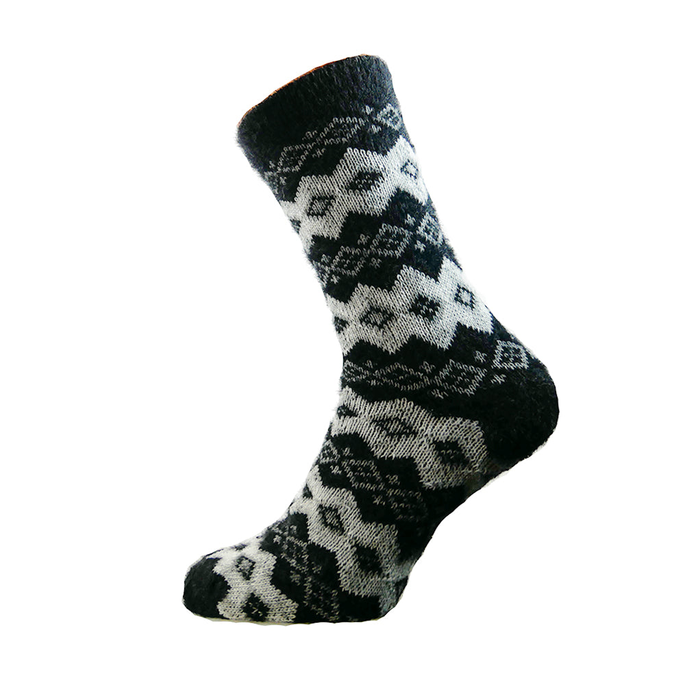 Black wool blend socks with cream diamond pattern, size 7-11
