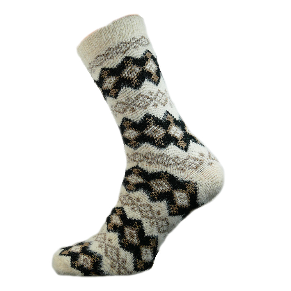 Cream wool socks with black diamond pattern, size 7-11