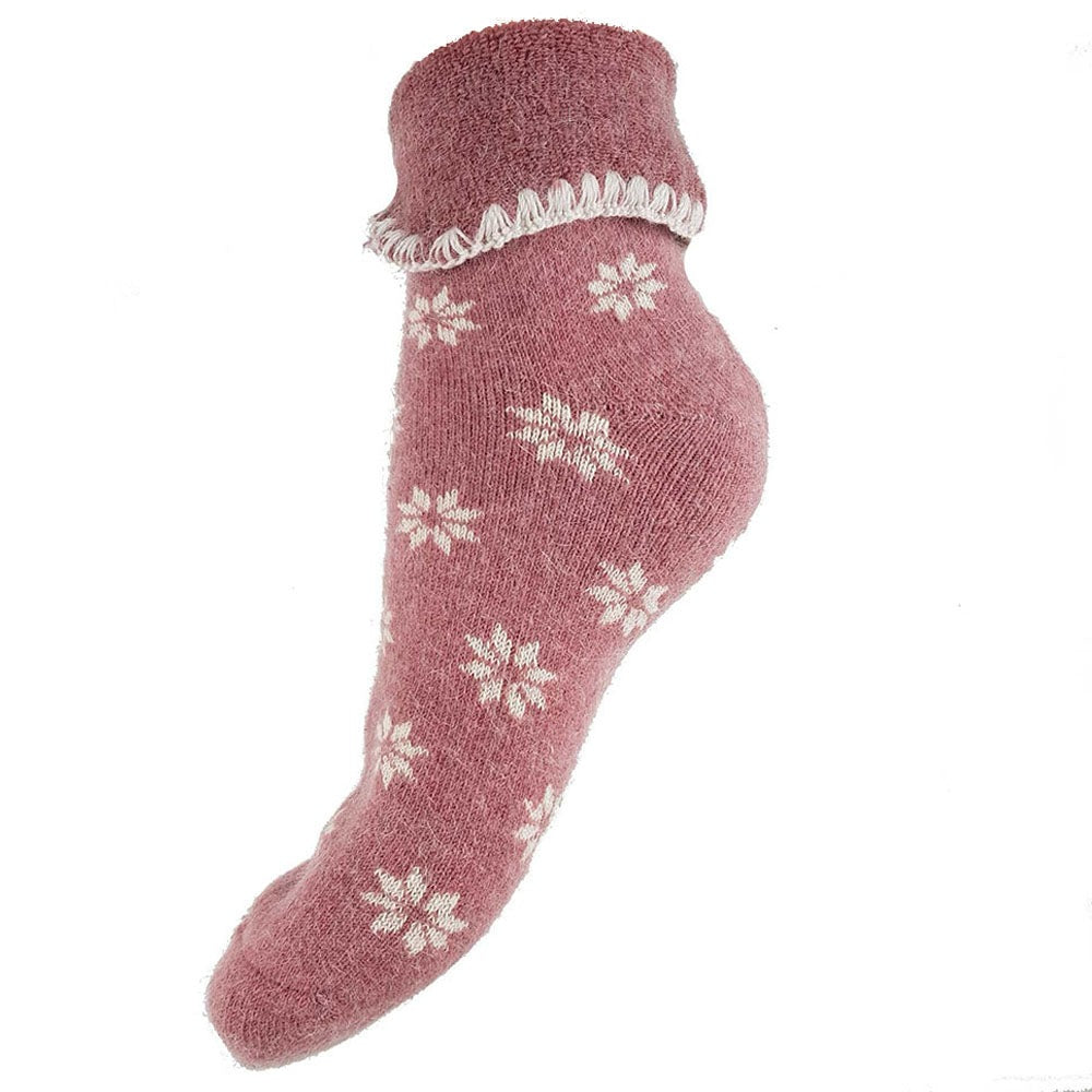 Pink cuff socks with cream flowers, wool blend bed socks size 4-7
