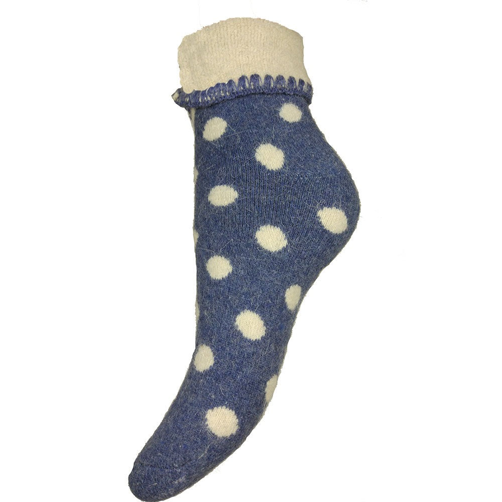 Blue cuff socks with cream spots and cuff, ladies bed socks size 4-7