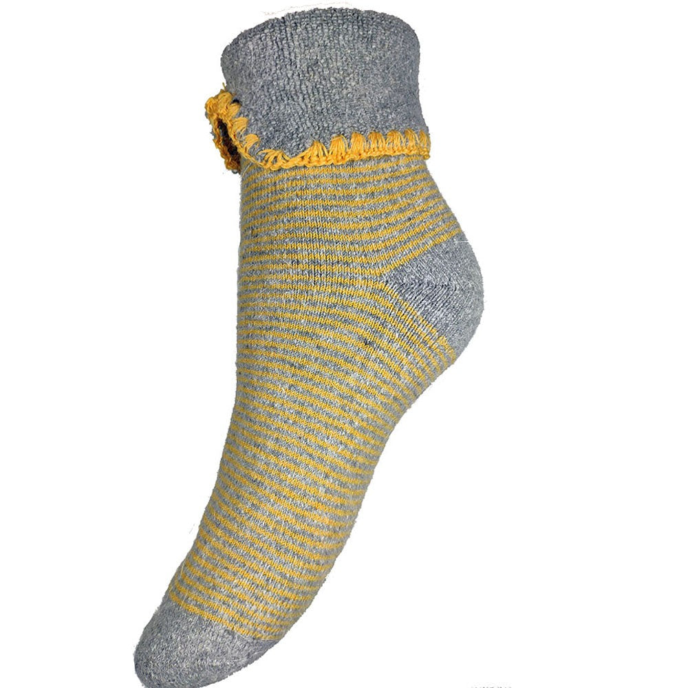 Grey cuff socks with yellow stripes, wool blend bed socks size 4-7