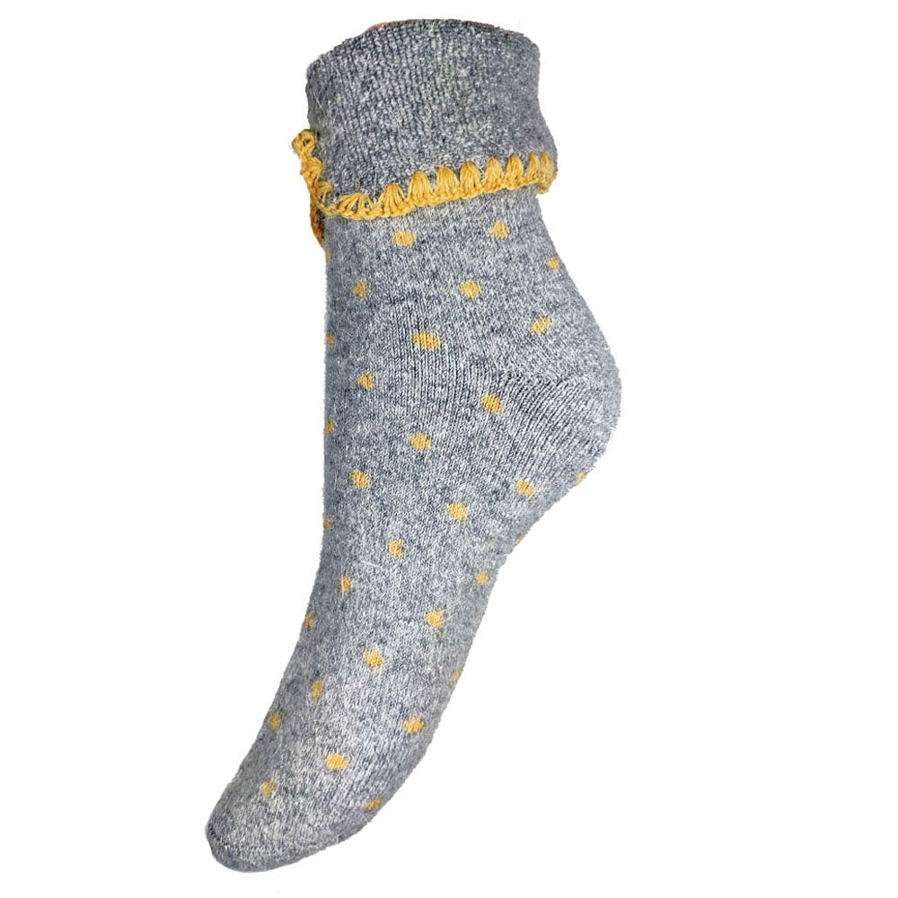 Grey cuff socks with small yellow dots, bed socks for ladies