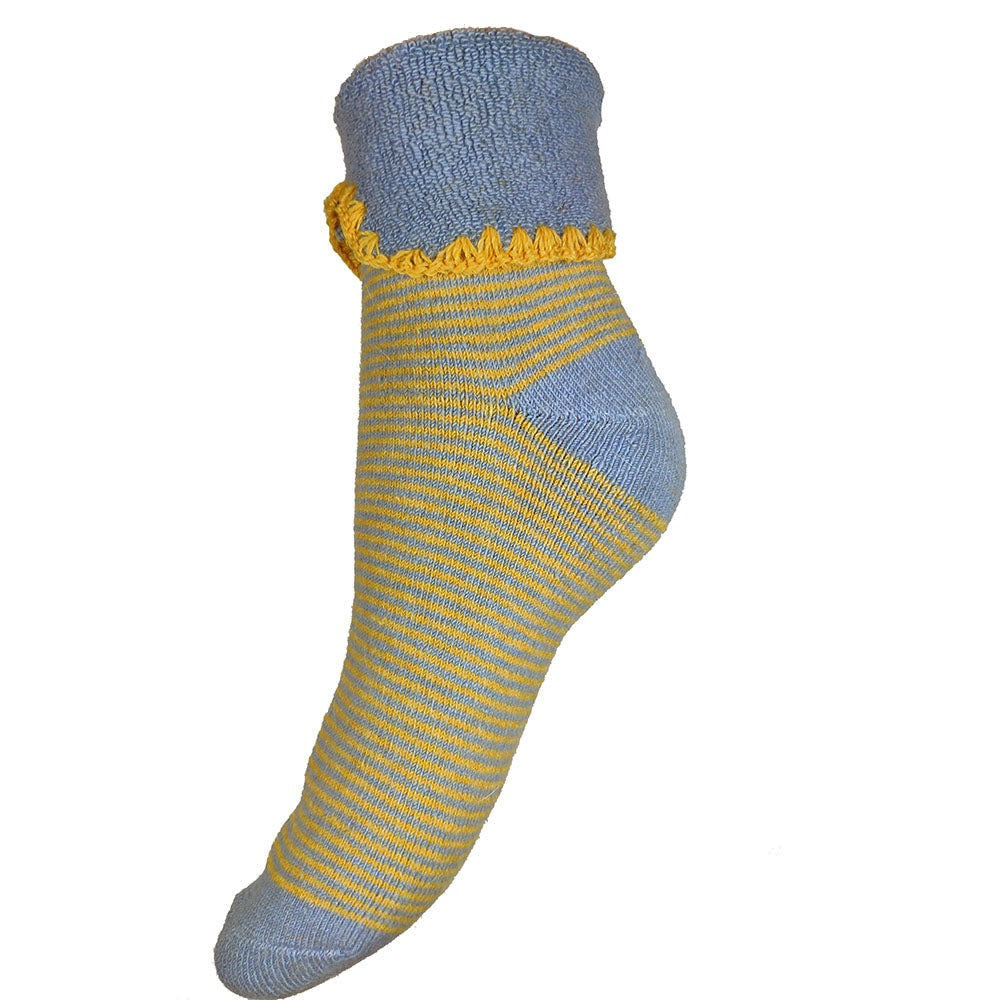 Blue cuff socks with yellow stripes, bed socks for ladies size 4-7