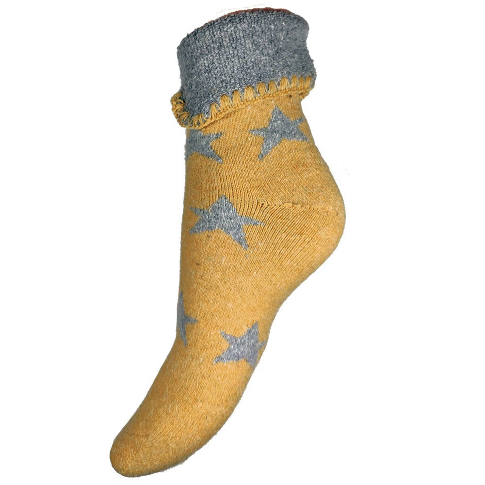 Mustard cuff socks with grey stars and cuff, ladies bed socks size 4-7