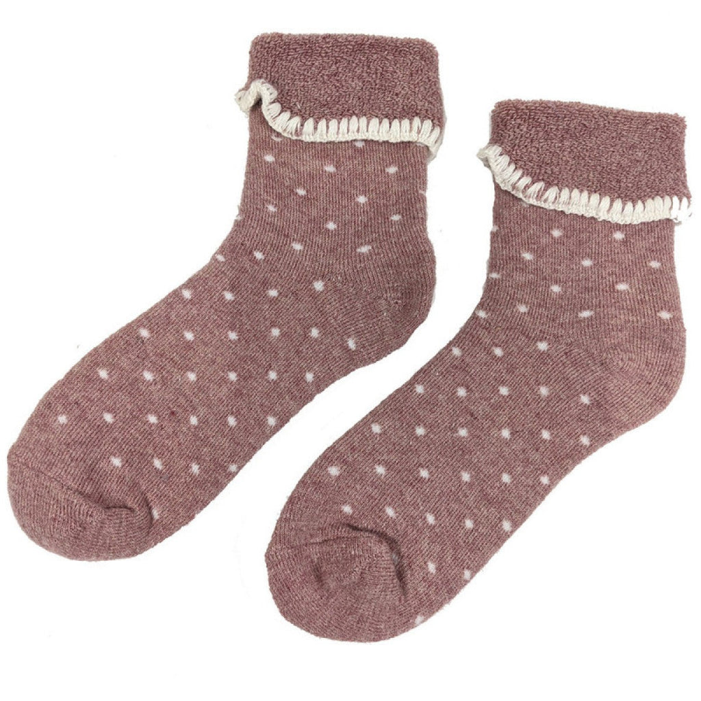 Pink bed socks with white spots, cuff socks for ladies size 4-7