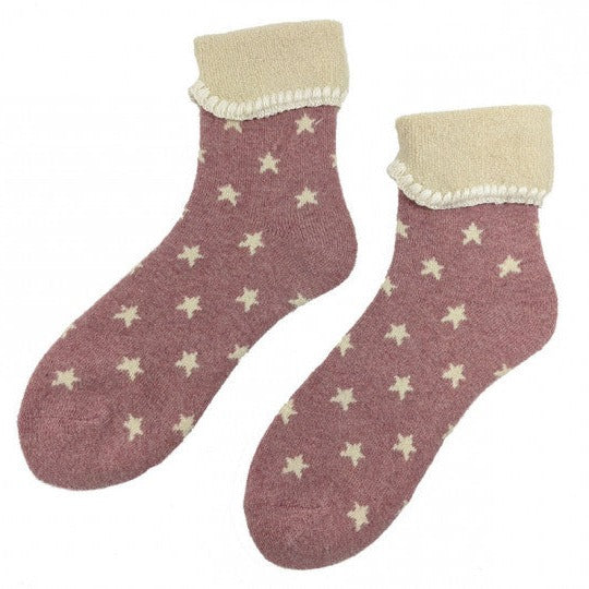 Pink wool blend socks with cream stars and cream cuff, size 4-7