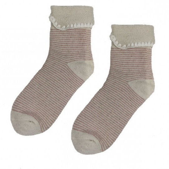 Cream cuff socks with pale pind stripes, bed socks size 4-7