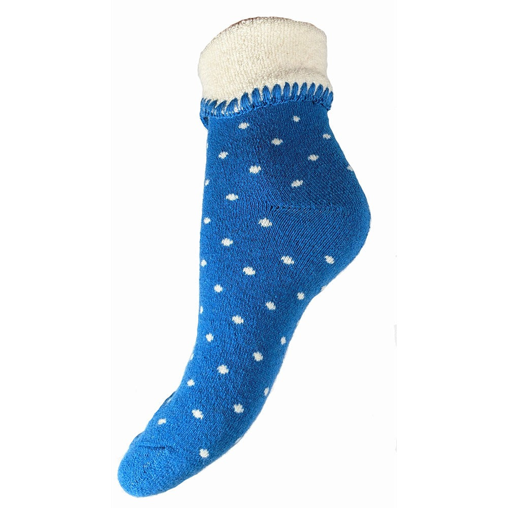 Blue cuff socks with cream dots and cuff, bed socks size 4-7