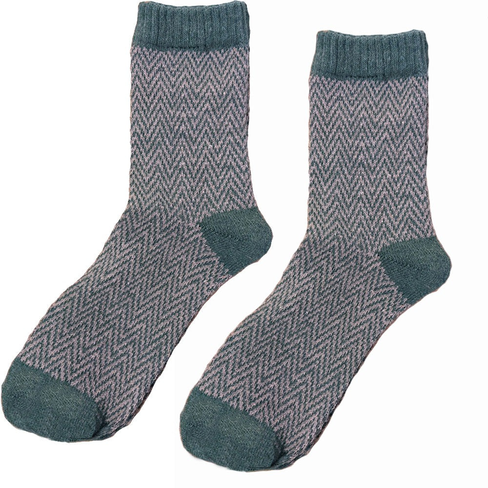 Dark green wool blend socks with pale zig zag pattern, size 4-7
