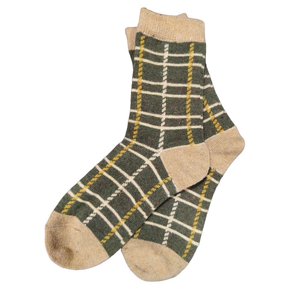 Green ladies wool blend socks with beige heel toe and cuff, beige and yellow criss cross pattern, size 4-7