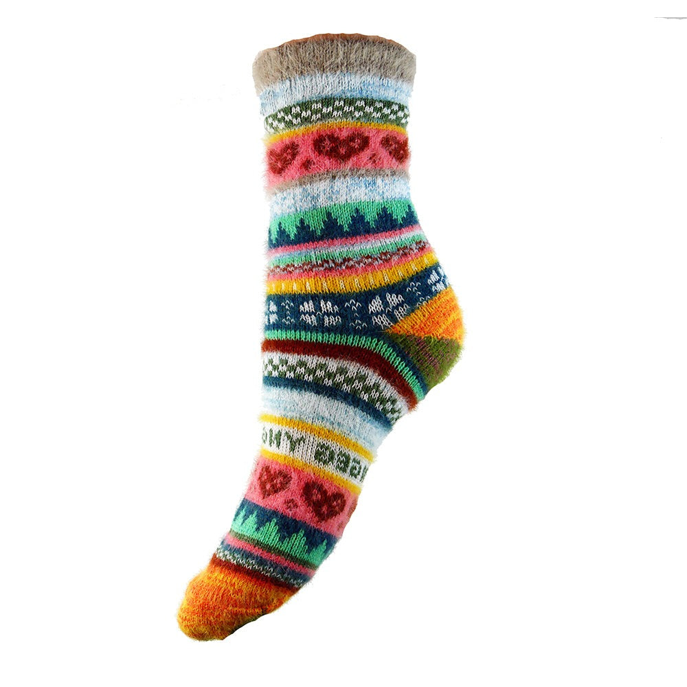 Multi coloured wool blend sock with Scandi pattern and orange heel and toe and grey cuff, size 4-7